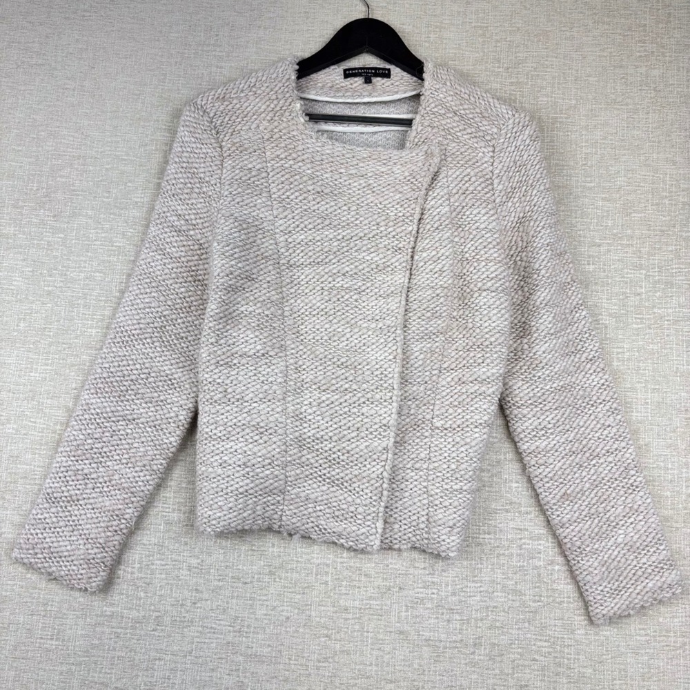 Generation Love Womens L New York Beige Textured Boucle Knit Moto Jacket